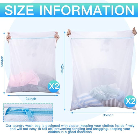 Windyun 4 Pieces Jumbo Mesh Laundry Bags, 43 x 35 and 24 x 32 Inches Large Mesh Wash Bags Zippered Garment Bag for Washing Machine Garment Dirty Clothes Washer Dryer Net Protector