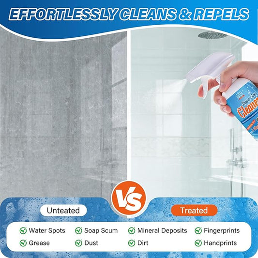 Shower Glass Cleaner, Hard Water Stain & Soap Scum Remover for Glass, Windows and Mirrors, Streak-Free Bathroom Glass Cleaner with Cleaning Towel, 8.45 fl oz / 250ml