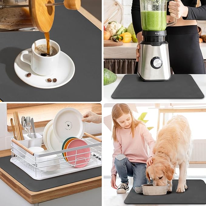Dish Drying Mat for Kitchen Counter Super Absorbent Drainer Mats with Non-slip Rubber Backed Hide Stain Heat Resistant Easy to Clean Dish Rack Mat (Gray, M-16"x18")