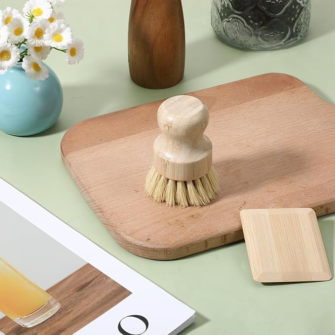 2Pcs Bamboo Cast Iron Brush Set, Wooden Dish Scrub Pan Scraper, Eco-Friendly Kitchen Scrub Brush for Household Cleaning, Cast Iron Skillets, Cookware, Dishes, Pans and Pots