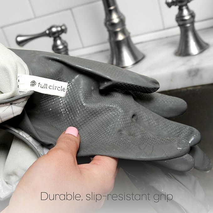 Full Circle Splash Patrol - Natural Latex Cleaning Dish Gloves, Stay-Dry Cotton Cuffs, Durable with Protective Lining, Small/Medium, (1 Pair) Grey