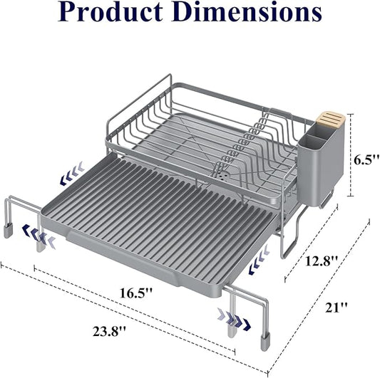 Kitsure Extendable Dish Drying Rack - Adjustable Length 12.8"–21.0", Auto-Draining Dish Rack for Kitchen Counter, Rust-Resistant Metal Frame Over-Sink Support for Plates, Bowls & Utensils, Grey