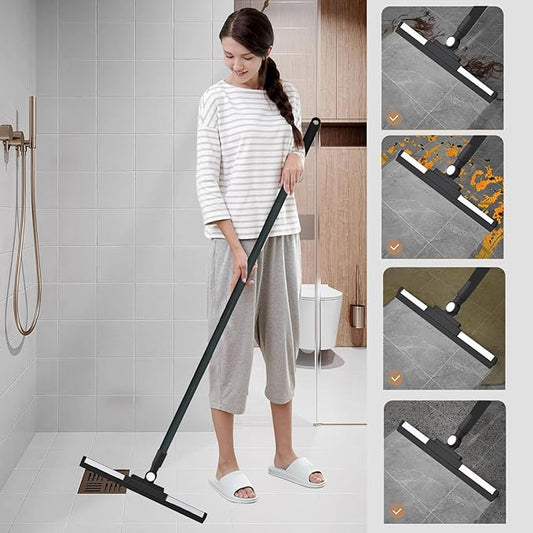 Squeegee Broom for Floor Shower Squeegee with Long Handle Rubber Wiper for Bathroom Tile Shower Glass Car Window Deck Patio Cleaning (Black)
