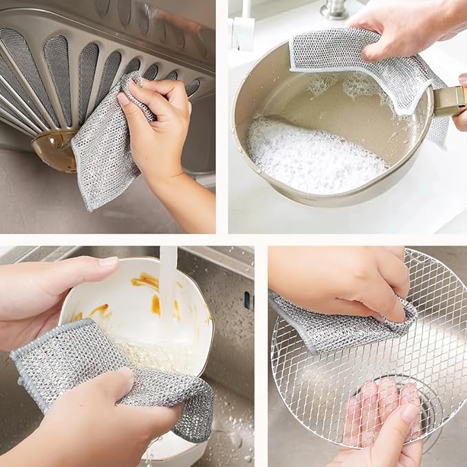 Multipurpose Wire Dishwashing Rags, New Silver Stainless Steel Dishwashing Cloth for Wet and Dry, Reusable Premium Metal Scrubbing Pads Sponge Clean Tool for Home Kitchen (10)