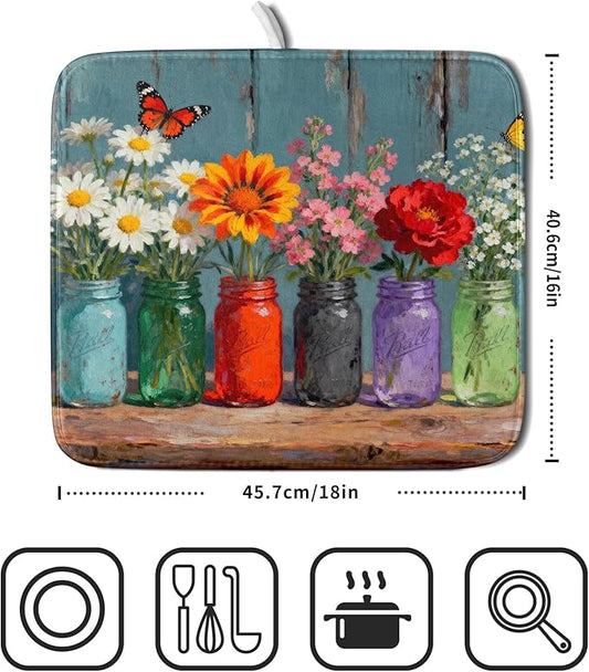 Floral Dish Drying Mat for Kitchen Counter 16x18 Spring Summer Daisy Flower Vases Farmhouse Decorative Small Drying Mats Rustic Vintage Absorbent Reversible Microfiber Dishes Drainer Pad