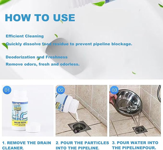 Sink and Drain Cleaner for Kitchen Bathroom Washroon, Powerful Drain Clog Remover, Effective Sterilization and Deodorization (2 Pcs)