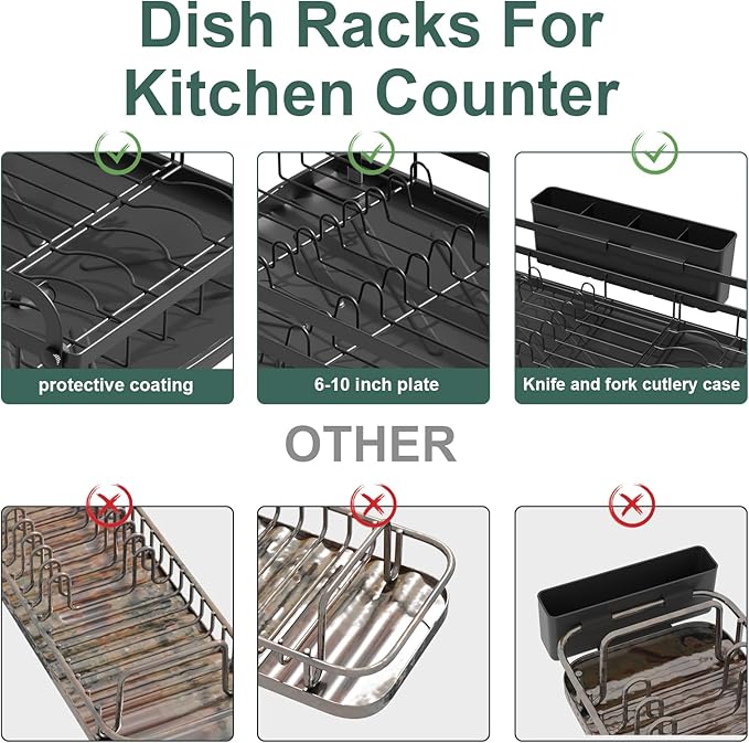 LIYI Dish Drying Rack and Sink Organiser,Removable Drainer Tray,Adjustable Spout,Easy Assembly Kitchen Drying Rack,Black