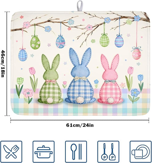 Easter Bunny Dish Drying Mat for Kitchen Counter 18 x 24 Inch Rabbit Eggs Dish Drainer Mat Absorbent Microfiber Dish Rack Pad for Spring Holiday Coffee Dining Bar Decor