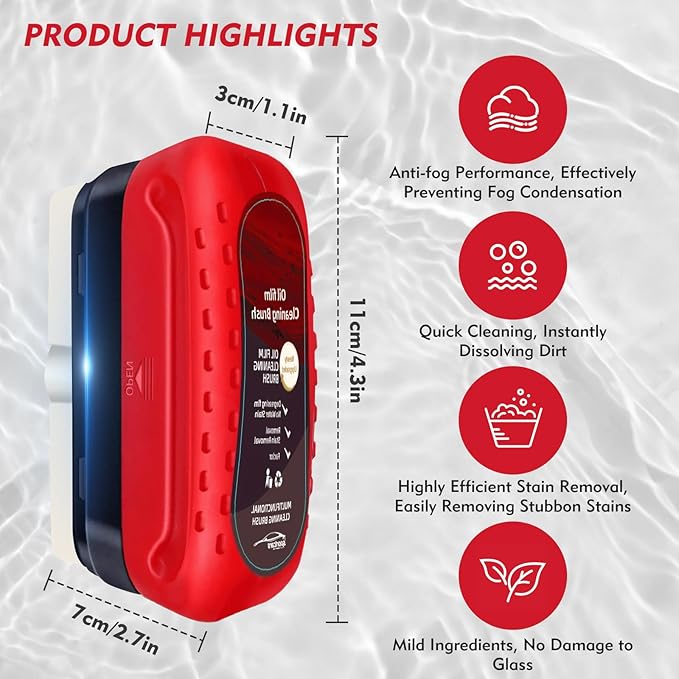Automotive Oil Film Cleaning Brush with Reusable Foam Sprayer, Upgraded Antifog Glass Cleaning Board, Glass Oil Film Remover for Car Windows & Windshields,Versatile Car Glass Cleaner Brush (2Pack_Red)