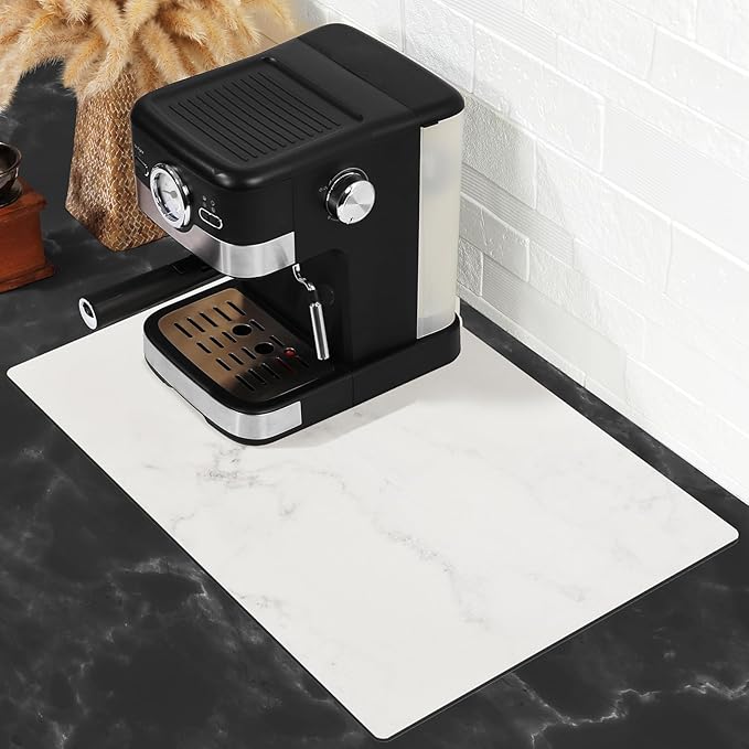 SUEH DESIGN Coffee Mat, Absorbent Dish Drying Mat 23.6 x 15.7 in Quick Dry Coffee Mat Large Drying Mats for Kitchen Counter Coffee Bar, Marble White