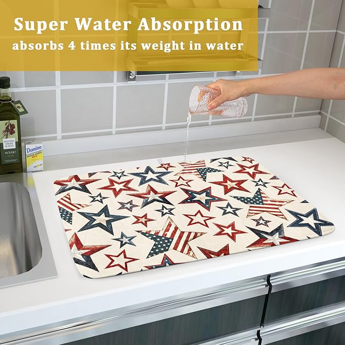 Flag Stars Stripes Patriotic 4th of July Dish Drying Pad 18 x 24 Inch With Absorbent Reversible MicrofiberAmerican Memorial Day Drying Mats Dish Drainer Mat Fast Dry For Kitchen Dining Room