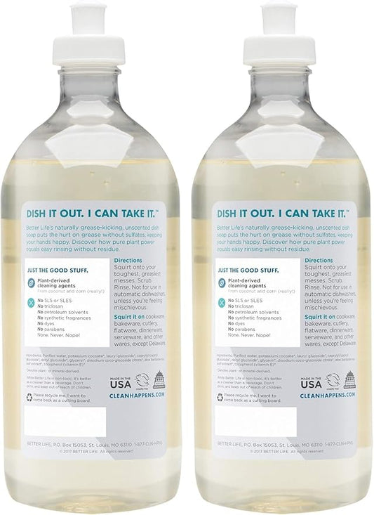 Better Life Dish Soap - Liquid Dishwashing Soap with Vitamin E and Aloe for Home & Kitchen Sink - No Gloves Required Kitchen Soap for Sensitive Skin - 22oz (Pack of 2) Unscented