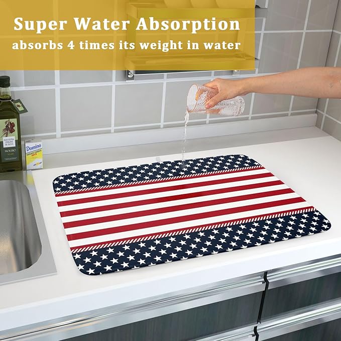 4th of July Patriotic Dish Drying Mat For Kitchen Counter America Red White Blue Stripes Stars Microfiber Absorbent Drying Mats Reversible Kitchen Countertop Drainer Pad 18x24 Inch