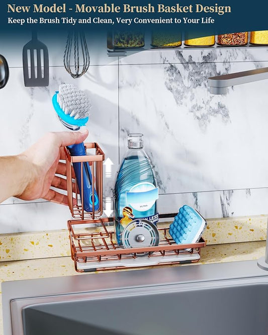 Consumest Sponge Holder for Kitchen Sink - Sink Caddy Kitchen Organizer with Removable Drip Tray for Countertop Dish Soap Dispenser Brush Storage Accessories 304 Stainless Steel, Rose Gold