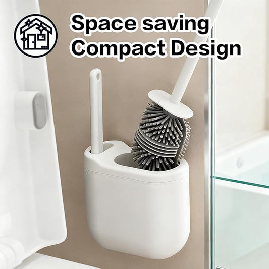 Silicone Toilet Brush Set with Corner Brush & Wall-Mounted Holder, No-Scratch Design with Drainage Holes, Adhesive Installation, White