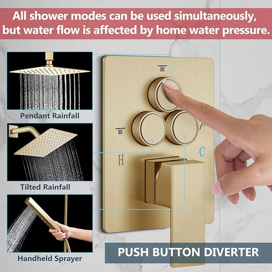 Aolemi Shower Faucet Set Ceiling Mount Shower System Rough-in Valve and Shower Trim Kit 2 in 1 Handheld Spray Push Button Diverter 12 and 6 Inch Dual Shower Head Brushed Gold