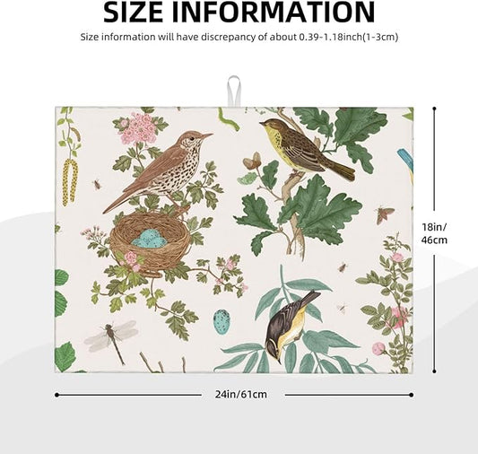 Large Dish Drying Mats For Kitchen Counter Microfiber Kitchen Drying Mat XL Draining Pad Absorbent Quick Drying Dish Mat 18x24 Inch - Garden Birds