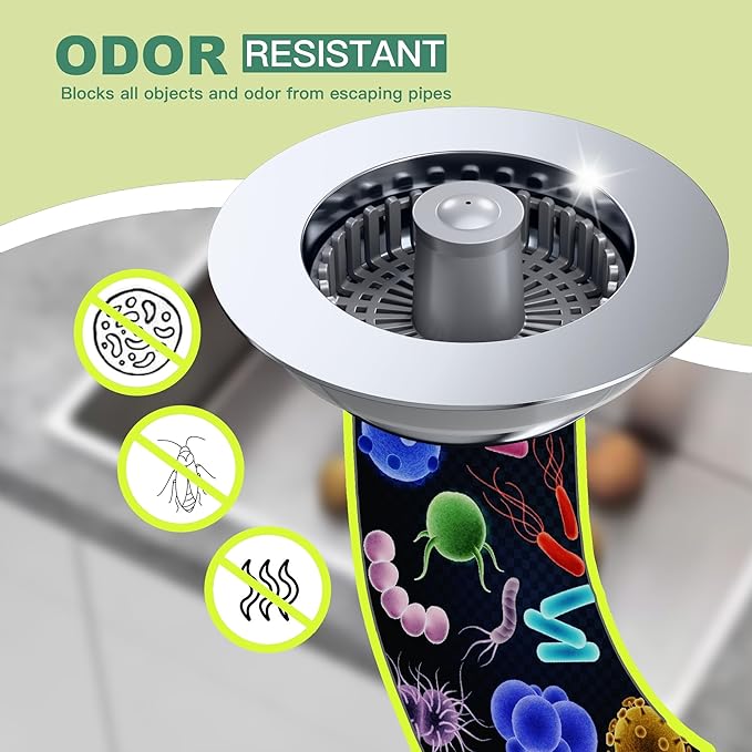 Kitchen Sink Drain Strainer, Sink Strainer, 3 in 1 Kitchen Sink Stopper, Sink Drain Stopper with an Extra Anti-Clog Sink Strainer Basket for Standard 3-1/2" Drain, Brass Material Electroplated Chrome