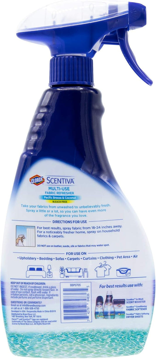 Clorox Scentiva Refresher Spray, Pacific Breeze & Coconut Scent - Multi-Use Fabric & Linen Freshener Spray - Odor Eliminator for Home, Upholstery, Bedding, Curtains, Room, 16.9 Fl Oz (Pack of 2)