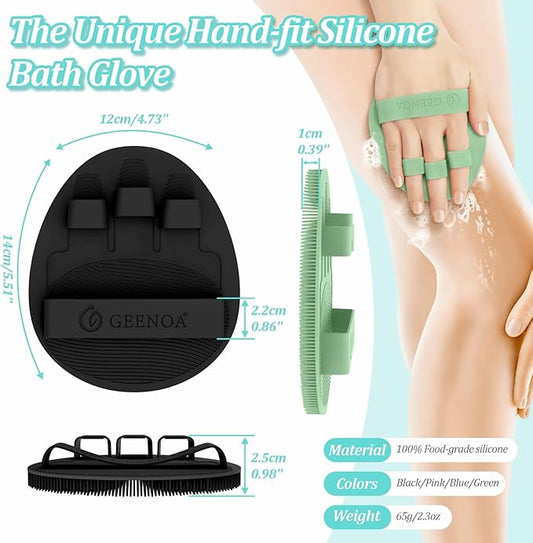 New Silicone Shower Scrubber with Straps, 360° Anti-Slip & Enlarged Body Scrubber for Rich Foaming Deep Cleaning, Revolutionary No-Grip & Hand-fit Bath Glove for All Skin Types(Black+Green)