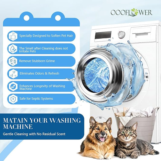 24PC Washing Machine Cleaner Tablets, Formulated for Pet Owners, Pet Hair Remover, Deodorizer, Work with Top & Front Load, HE, Deep Cleaning Descaler, Removes Residue and Odors, Septic Safe