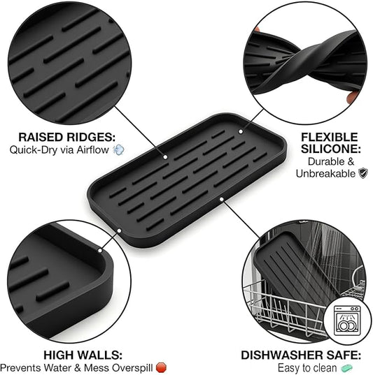Silicone Organizer Tray, Soap and Sponge Holder for Kitchen Sink, Bathroom - Storage Tray for Dish Brush, Soap Dispenser, Dishwashing Accessories-(Black 1 Pack, 10"x5.3")