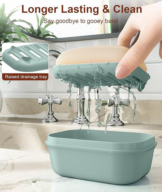 Quatish Leakproof Soap Dish with Lid & Draining Layer, Shatterproof Travel Bar Soap Holder Case Container, Portable Travel Size Toiletries Essentials for Camping, Gym, Bathroom, Greygreen