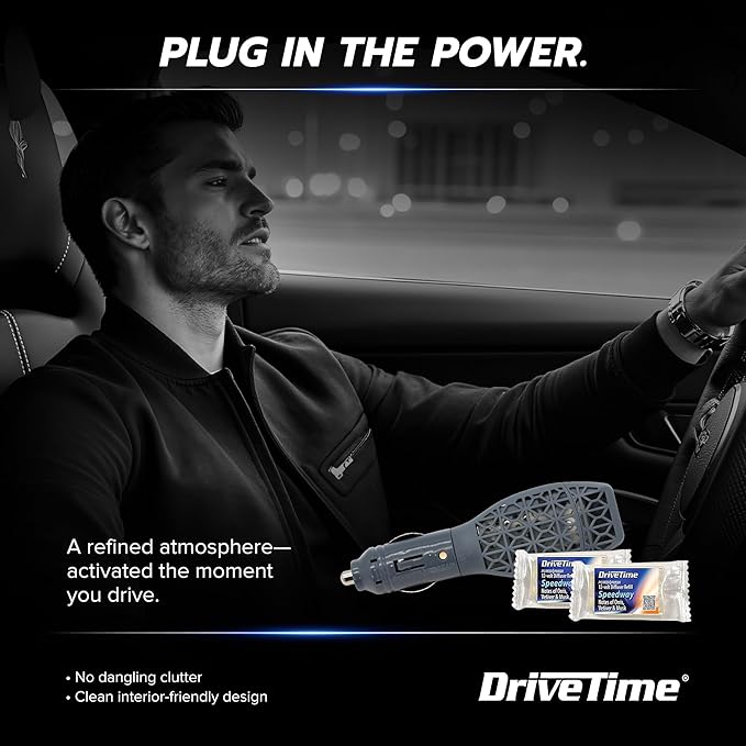 Drive Time Power Fresh Refillable Car Air Freshener – 12V Plug-In Reusable Car Scents Air Enhancer with Long-Lasting Scent Up to 30 Days – Includes 4 Scent Bars – Compact Design - Silver