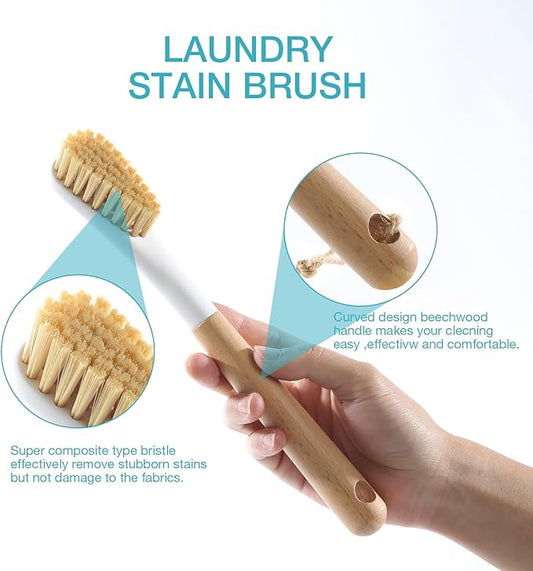 Wood Laundry Brush, OSCIOSS Laundry Stain Brush wth Long Handle and Soft Bristle for Cleaning Clothes & Shoes, Protable Laundry Brush for Stains on Clothes (Natural-2Pack)