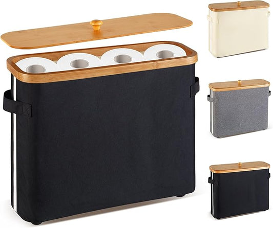 Bathroom Toilet Paper Storage Basket with Lid and Handle, Bamboo Collapsible Toilet Paper Holder Storage with Non-Slip Bottom ,Extra Toilet Roll Storage, Black
