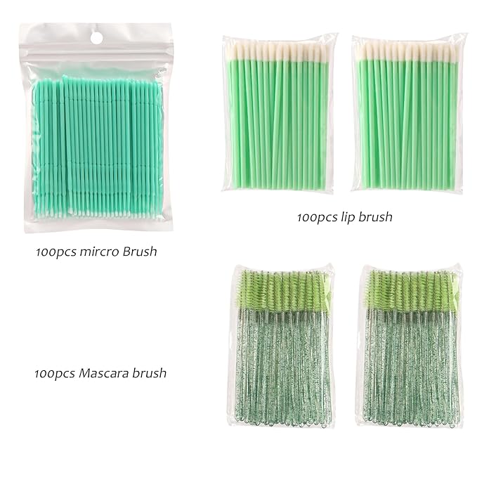 300 PCS Eyelash Extension Supplies Kit, Disposable Micro Applicator Brush, Eyebrow Spoolie, Lip Brush, Mascara Wand Applicator (light green kits)