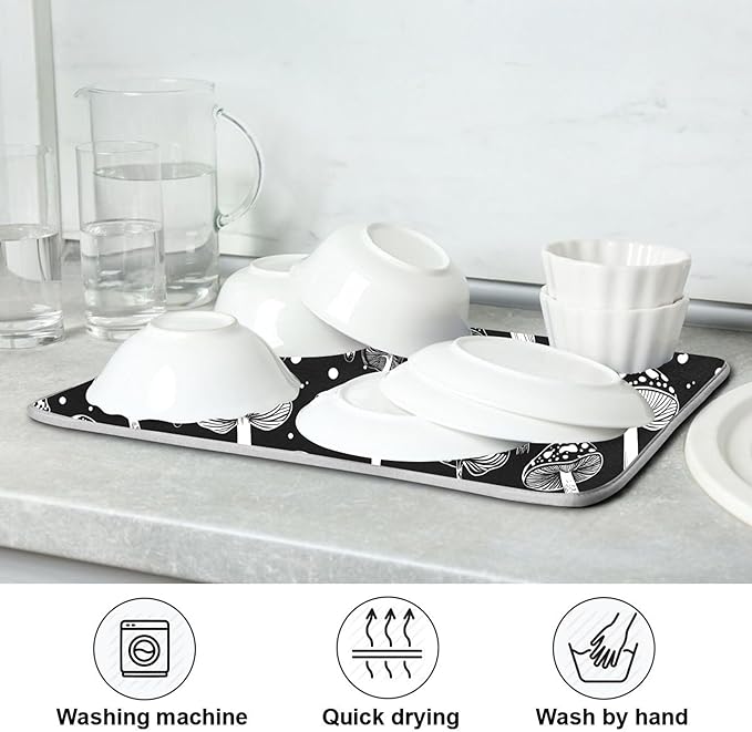Eucalyptus Leaves Dish Drying Mat for Kitchen Countertop 18x24 Black White Floral Leaf Large Drying Mat Reusable Quick Dry Dish Sink Absorbent Mats Dishwasher Easy Clean Decorative Home Essentials