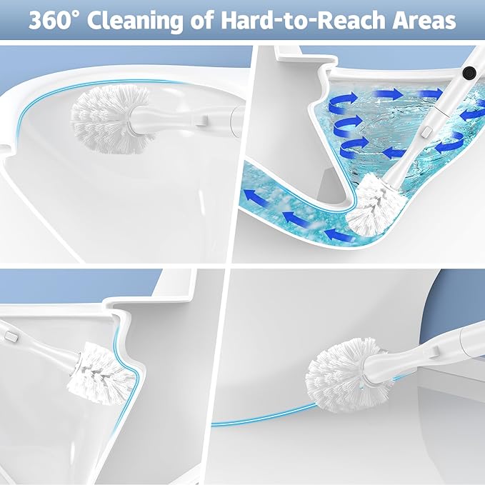 Electric Toilet Brush and Holder Set, Electric Toilet Bowl Brush, Toilet Brush Cleaner Set with 5 Refills Disposable Cleaner Brush, Floor Standing, Wall Mounted Without Drilling, Rechargeable, White