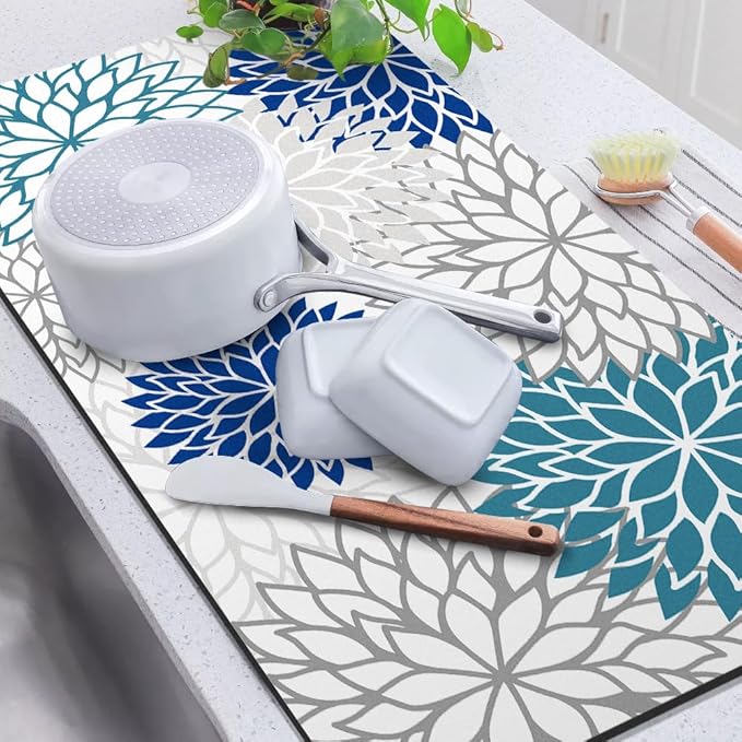 Findosom 2PCS 16" x 24" Dish Drying Mat & 24" x 5.5" Sink Splash Guard, Super Absorbent & Cuttable Dish Mat Drying Kitchen Mat with Blue Floral, Hide Stain Drying Mat for Kitchen Counter