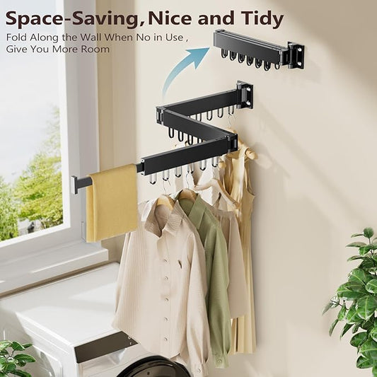 JAUREE Clothes Drying Rack Wall Mounted, Space-Saving Drying Rack Clothing, Collapsible Foldable Retractable Laundry Rack with 18 Hooks, Indoor/Outdoor, Black