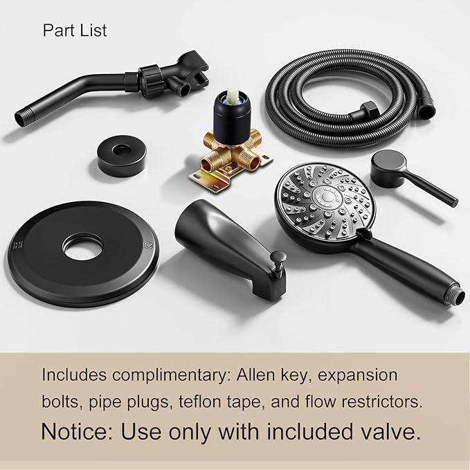 Tub Shower Faucet Set,Shower Systerm with Valve and Tub Spout,ABS Single Shower Head and Handle Set Shower Trim Kit for Bathroom,Matte Black,6-Modes Spray