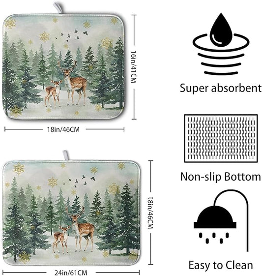 Reindeer Tree Snowflakes Christmas Dish Drying Mats for Kitchen Counter 18x24 Inch Winter Forest Dish Drainer Mats Absorbent Reversible Dish Draining Microfiber Dishes Drying Pad