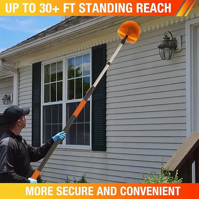 LAANPOLE 30FT Cobweb Duster with Extension Pole, Spider Web Brush for Cleaning Extendable, Professional Ceiling and Corner Dusters for Outdoor Indoor Use