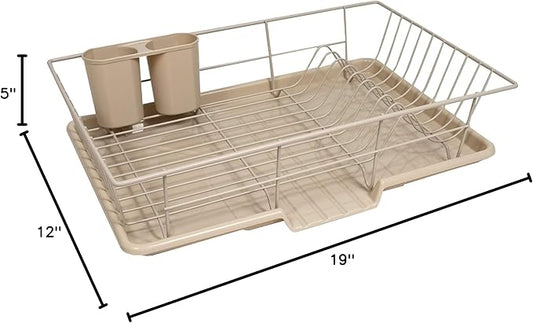 Sweet Home Collection Metal, Plasic 3 Piece Dish Drainer Rack Set with Drying Board and Utensil Holder, 17" x 12" x 5", Beige