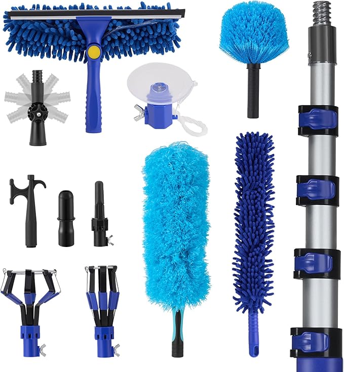 Light Bulb Changer for High Ceilings, 3.4-12.4FT Extension Pole Telescopic Extension Poles for Cleaning, Ceiling Fan Cleaner Duster Kit with Baskets, Suction Cup, Plush Brush for Roof Window Cleaning