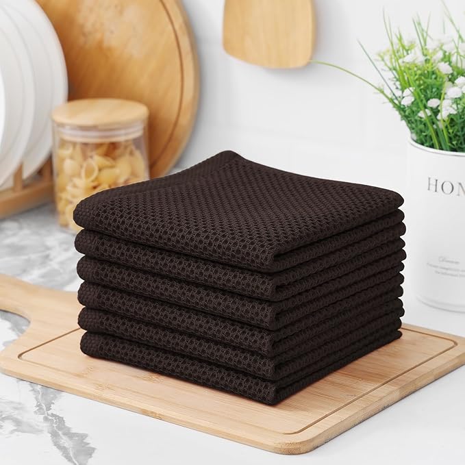 Kitinjoy 100% Cotton Kitchen Dish Cloths (12 X 12 Inches, Dark Brown), 6 Pack Waffle Weave Ultra Soft Absorbent Dish Towels for Drying Dishes Quick Drying Kitchen Towels Dish Rags