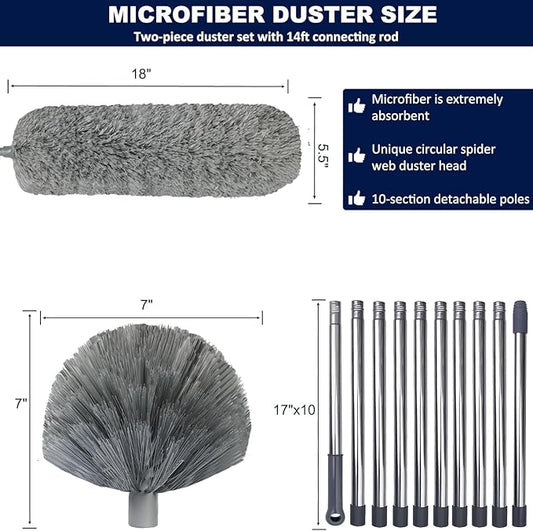 20 Ft+ High Reach Cobweb Dusting Kit with 3-14 Ft Extension Pole/Spider Web Brush & Ceiling Duster Microfiber Feather Duster with Washable Head for Cleaning Ceiling Fan, Furniture, Home
