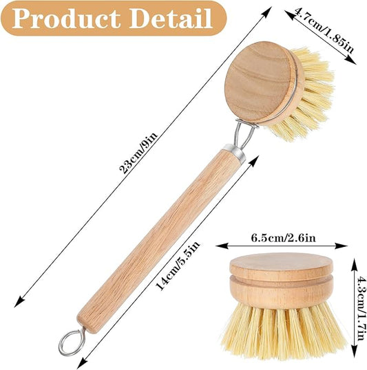Bamboo Dish Brush with Handle, 10 Pcs Replacement Heads Wooden Kitchen Brush for Dishes, Vegetable Brushes Dish Scrubber for Cleaning Kitchen Room Vegetable Pots and Pans