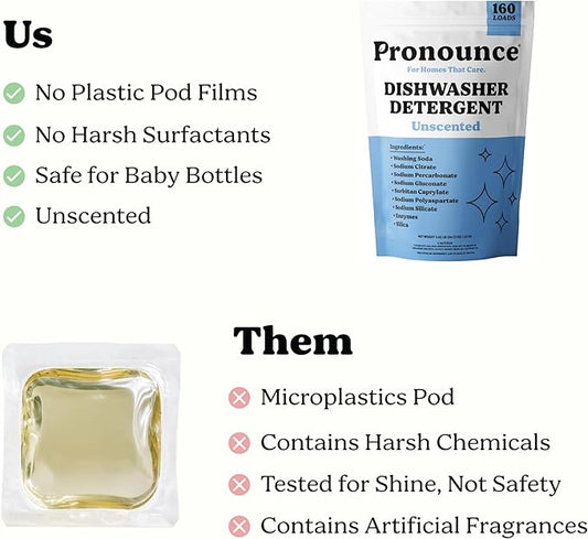 Pronounce Dishwasher Detergent Powder - Cleaner Ingredients, Fragrance Free - Ultra Concentrated, Cuts Grease and Grime, Dishwasher Pods Alternative (Residue-Free). (160 Loads, Unscented)