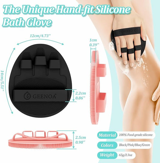 Silicone Bath Gloves 2PCS, 360° Anti-Slip Silicone Body Scrubber for Rich Foaming Deep Cleaning, Revolutionary No-Grip & Hand-fit Design Shower Scrubber for All Skin Types(Black+Light Pink)