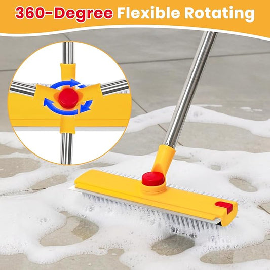 64in Floor Scrub Brush with Long Handle,3 in 1 Hard Bristle Cleaning Brush with Scraper and Tweezers for Household Cleaning, Bathroom, Swimming Pool, Garage, Windows, Walls, and Terrace Decks