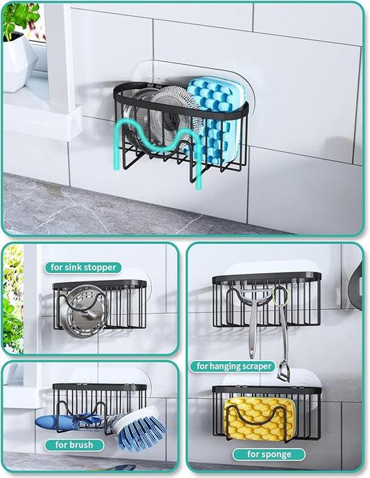 HapiRm Multifunctional Sponge Holder with Unique M-Shaped, Two Installation Methods Kitchen Sink Organizer, Rustproof Stainless Steel Sink Caddy -Black(2-Pack)