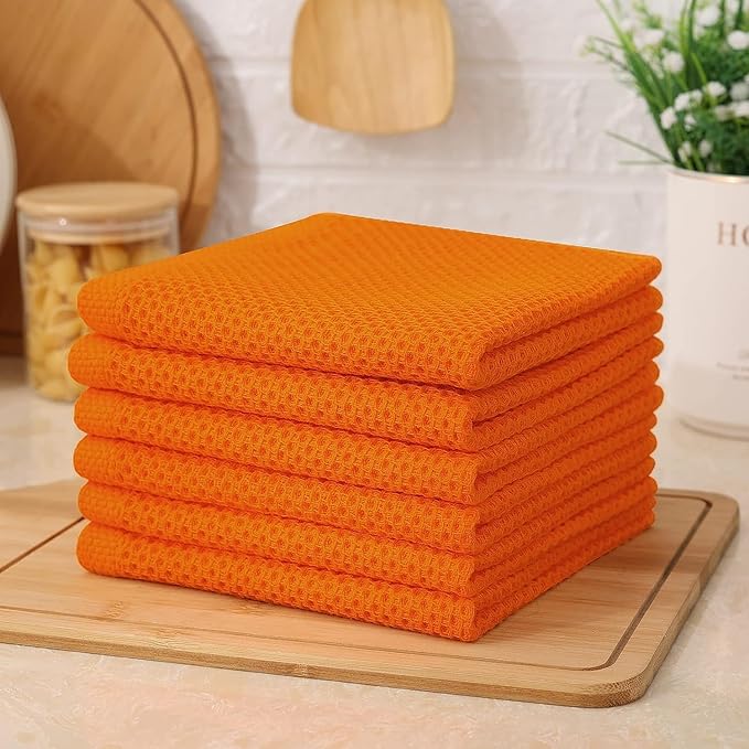 Kitinjoy 100% Cotton Kitchen Dish Cloths (12 X 12 Inches, Orange), 12 Pack Waffle Weave Ultra Soft Absorbent Dish Towels for Drying Dishes Quick Drying Kitchen Towels Dish Rags