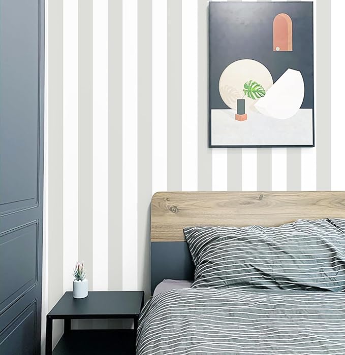 Guvana 17.7"x118" Grey and White Wallpaper Striped Peel and Stick Wallpaper Gray Self-Adhesive Contact Paper Modern Removable Wall Paper for Bedroom Wall Covering