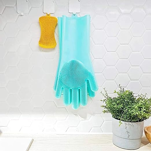 Dishwashing Gloves Cleaning Silicone Gloves with Cleaning Cloth Kitchen Accessories Dish Scrubber, Waterproof Cleaning (1 Pairs Green, 1 sponge)